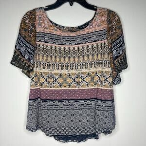 Lucky Brand Bohemian Mixed Media Print Flutter Sleeve Blouse Woven Top Women's L